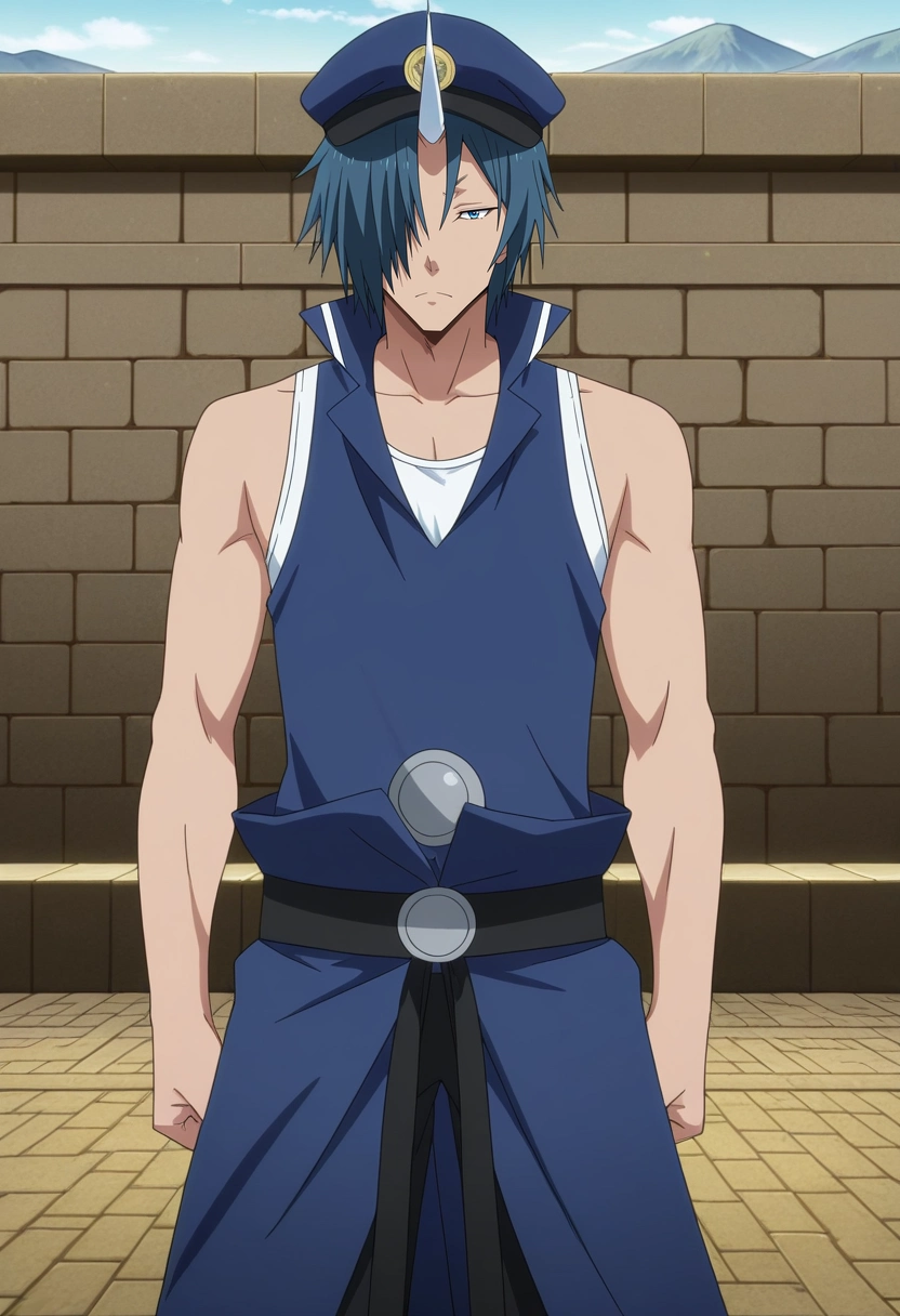 masterpiece, best quality, , anime screencap, anime coloring, , looking at viewer, 1boy, solo, male focus, <lora:souei_tensura_ilxl:0.94>, souei_tensura, blue hair, blue eyes, hair over one eye, single horn, , construction of the Great Wall of China, laborers with stone blocks, towering wall, distant mountains, working pose, focused expression, misty morning, tank top, hat