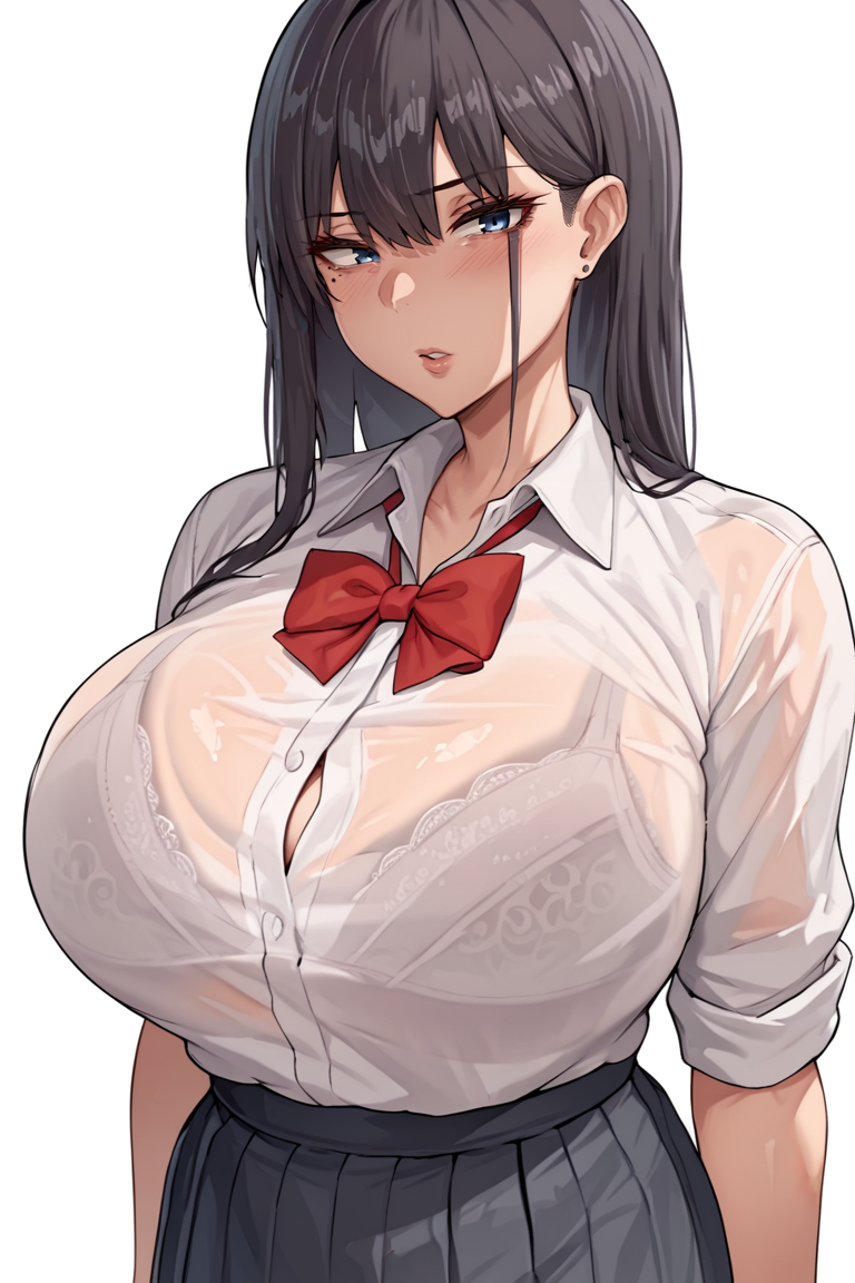 score_9, score_8_up, score_7_up, score_6_up, source_anime,1girl, breasts, solo, bra visible through clothes, black hair, blue eyes, underwear, skirt, school uniform, shirt, long hair, bow, earrings, white background, see-through, red bowtie, bra, , red bow, bowtie, simple background, jewelry, white shirt, , looking at viewer, blush, bangs, collared shirt, parted lips, pleated skirt, mole, mole under eyes, huge breasts<lora:EMS-460705-EMS:1.000000>