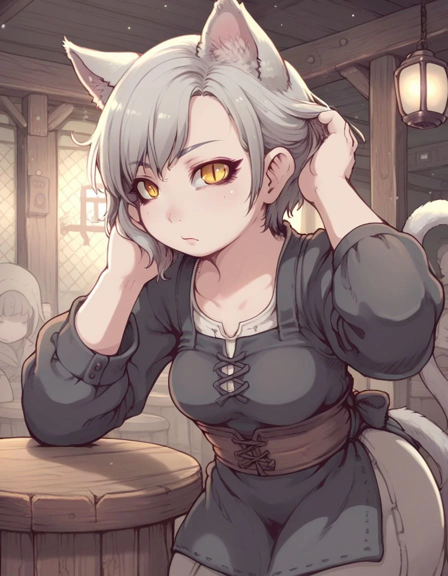 score_9,score_8_up,score_7_up, <lora:Ibukichi_Artist:0.9>, 1girl, solo, monster girl, cat girl , cat tail, long eyelashes, gray hair, slit pupils, short hair, yellow eyes, in a tavern, dim lights , solo, adjusting hair, standing, contrapposto, hair behind ear, leaning forward, close_up, hand on own hair,