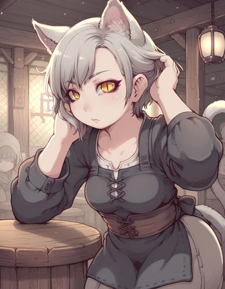 score_9,score_8_up,score_7_up, <lora:Ibukichi_Artist:0.9>, 1girl, solo, monster girl, cat girl , cat tail, long eyelashes, gray hair, slit pupils, short hair, yellow eyes, in a tavern, dim lights , solo, adjusting hair, standing, contrapposto, hair behind ear, leaning forward, close_up, hand on own hair,