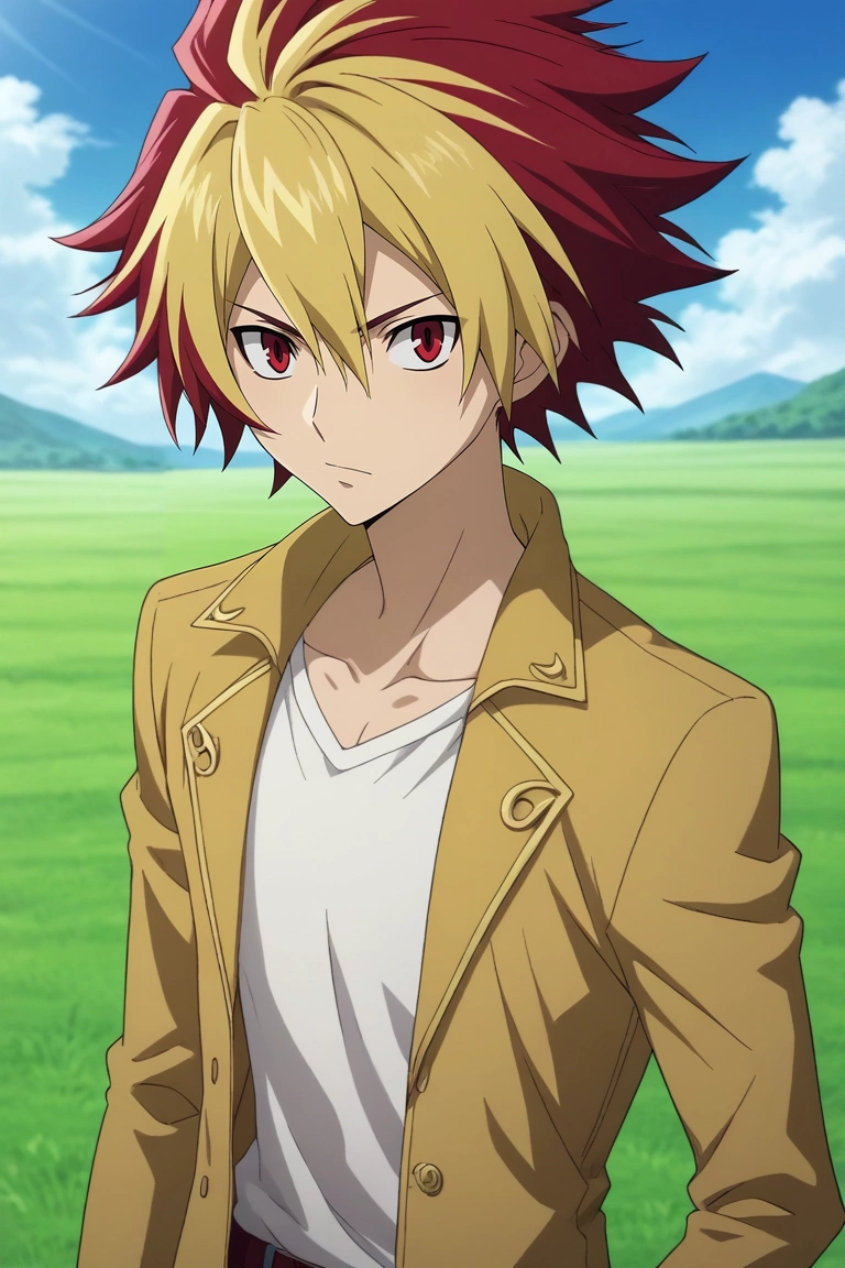 score_9, score_8_up, score_7_up, source_anime, rating_safe, intricate details, , looking at viewer, , 1boy, solo, male focus, <lora:takuto_tsunashi_pony:0.88>, takuto_tsunashi, red hair, red eyes, spiked hair, bangs, multicolored hair, two-tone hair, dyed bangs, blonde hair, wide angle, wide shot, cowboy shot, field, light, leaning on object, relaxed, , <lora:sdxl_lightning_8step_lora:1>