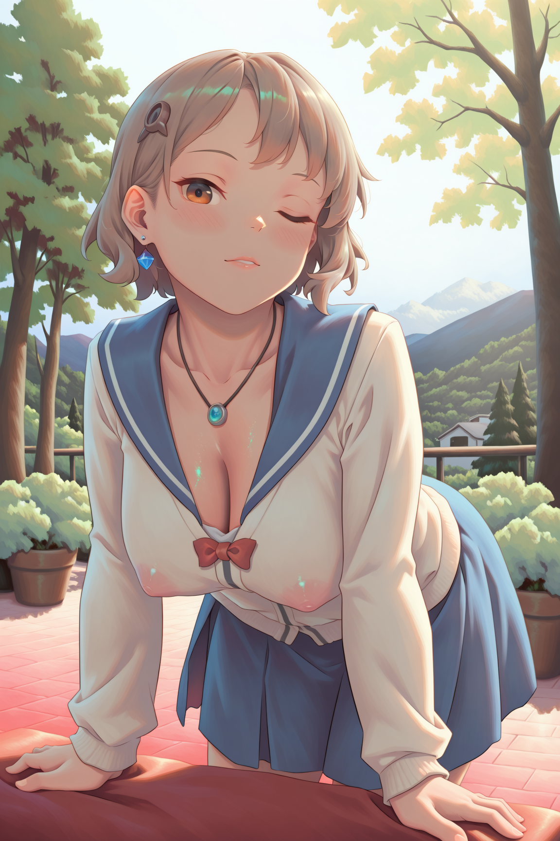 kara_minami, short_hair, brown_hair, hair_ornament, earrings, brown_eyes, blush, large_breasts, long_sleeves, cardigan, red_bow, blue_sailor_collar, pleated_skirt, blue_skirt