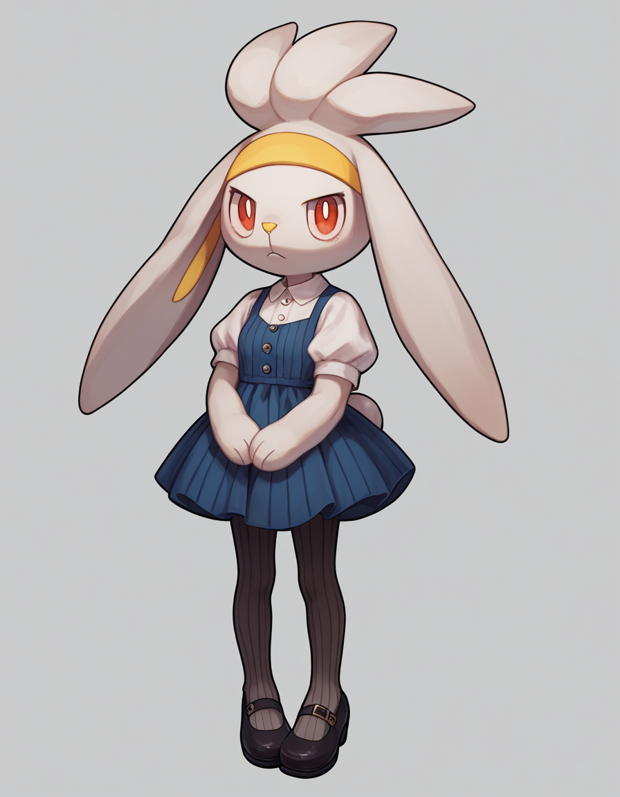 score_9, score_8_up, score_7_up, score_6_up, score_5_up, score_4_up, 1girl, full body, solo,
 <lora:Raboot_v0-3:1> raboot, pokemon \(creature\), white fur, droopy ears, rabbit ears, rabbit tail, red eyes, looking at viewer, furry female, yellow hairband,
bohemian-maxi-dress, mary-janes, ribbed-pantyhose