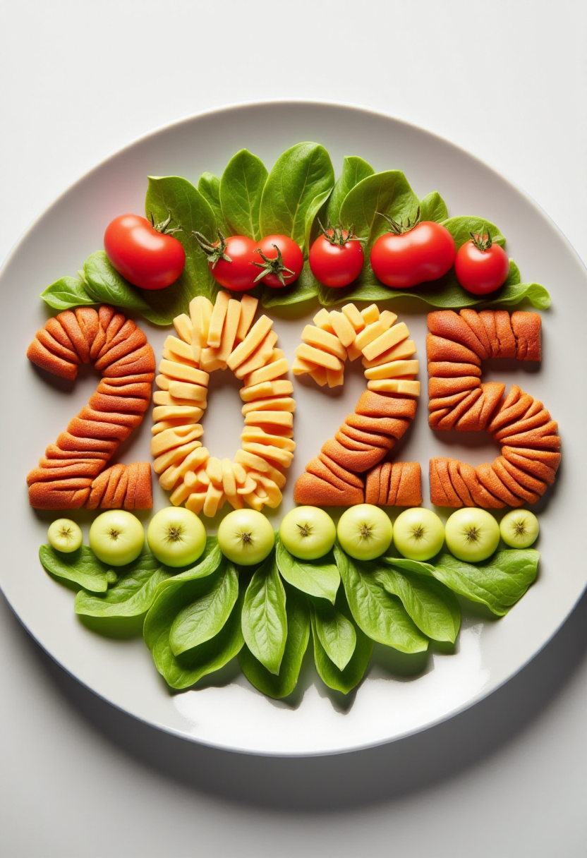 <lora:Food_Formations_FLUX-000016:1>
This is a photograph showcasing a meticulously arranged plate of food art, designed to resemble the text "2025".