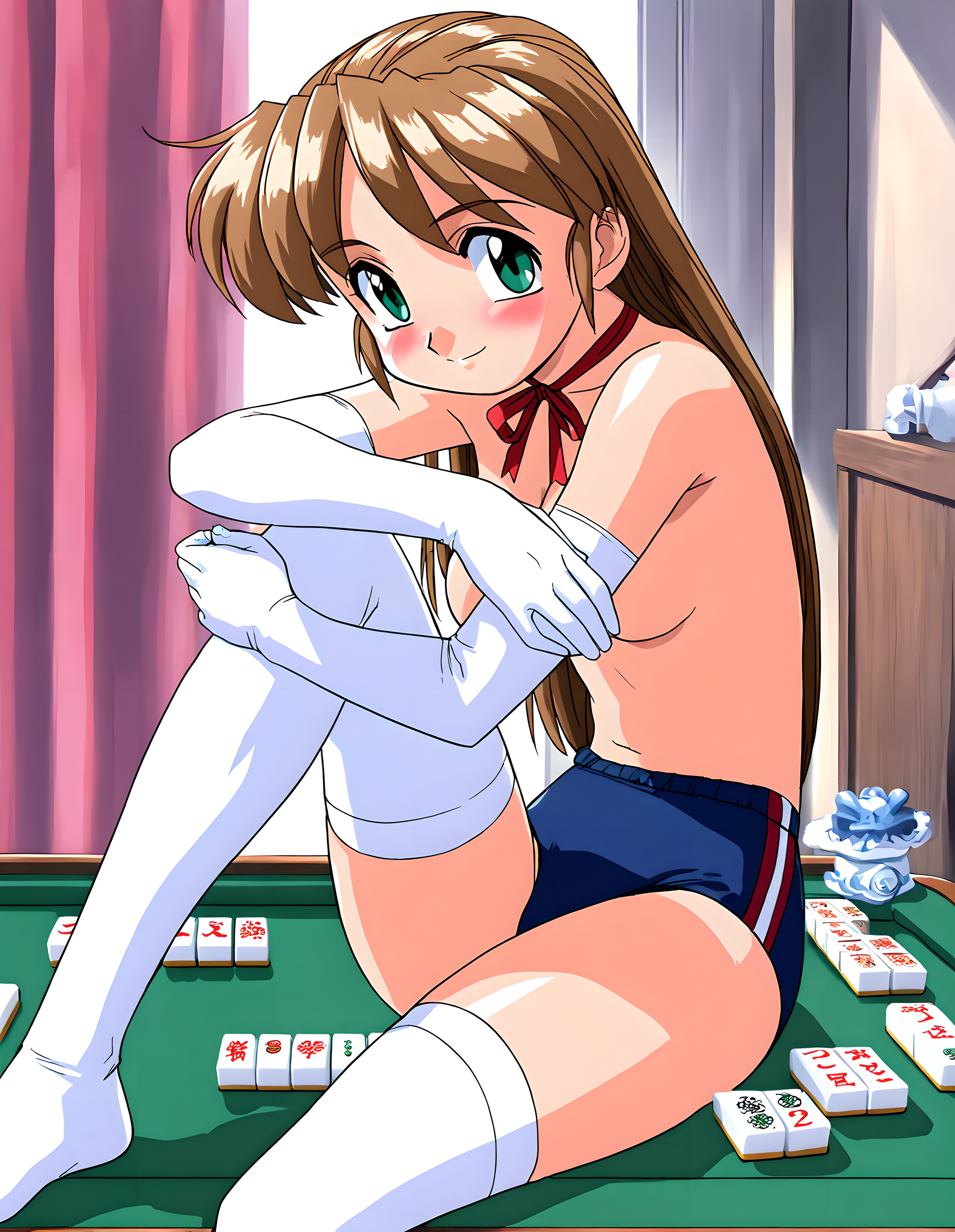 <lora:illustrious_XL_mizunoyuki:0.9>,mizunoyuki,masterpiece,best quality,good quality,1girl,solo,hair_down,straight_hair,long hair,no hair_ribbon,neck_ribbon,topless,elbow gloves,blue buruma,white thighhighs,sitting,knee_up,indoor,day,mahjong table,covering breasts,smile,light_blush,