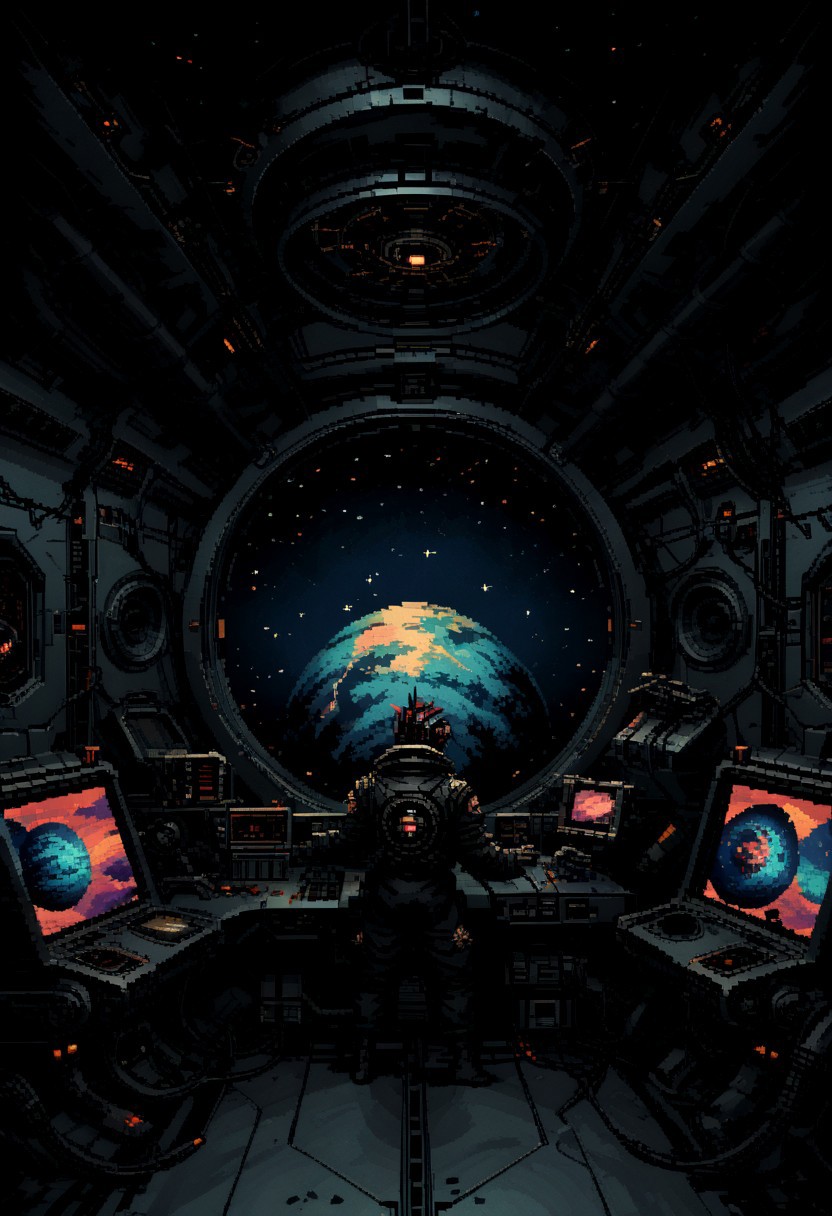 score_9, score_8_up, score_7_up, yamer_pixel_fusion, pixel art, space ship, interior, retro futuristic, atompunk, hyper-detailed, scifi, lofi, d3p1x3l, pixel art