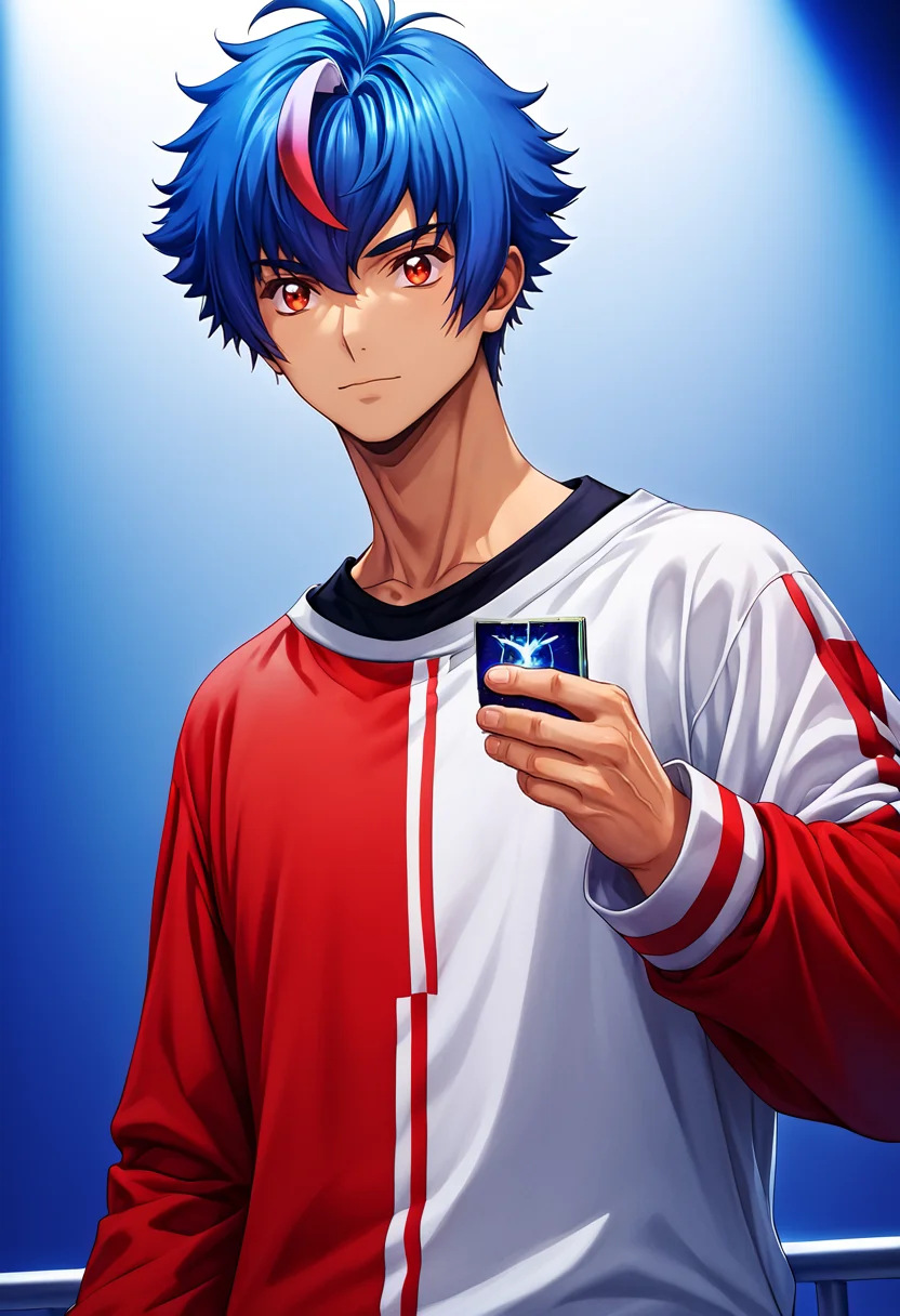 score_9,score_8_up,score_7_up,score_6_up,score_5_up,score_4_up,source_anime,rating_safe,akina myodo,1boy,male focus,solo,shirt,red-white shirt,upper body,(card,holding, holding card,trading card),black shirt,stage lights,blue_hair,<lora:Akina_Myodo_V1_2-000008:1>,