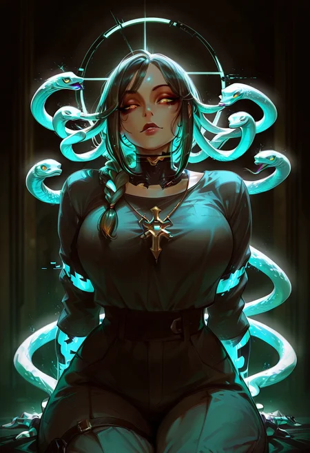 Rating_sfw, mature woman,dynamic hands hacking pose, cyberwear, cyberpunk, humanoid , cybernetic enhancement, serpent themed , oversized clothes, cargo pants, dark clear skin, Egyptian themed lap, ((cute face)), innocent face, pretty face, eyes, detailed eyes, long eyelashes, eyeliner, gorgon,glitching hair, ,(( single braid )) (ar-glitch holographic Snake hair, snake, snake_hair,)) , , eyes, glowing snake, charismatic, curvy, aesthetic, ((perfectly robotic hair, snake hair)), thick lips, full lips, skinny, (slim build), small waist, big breasts,, beautiful detailed face, small face, beautifully complex colored iris, ), enchanting, looking at the viewer,