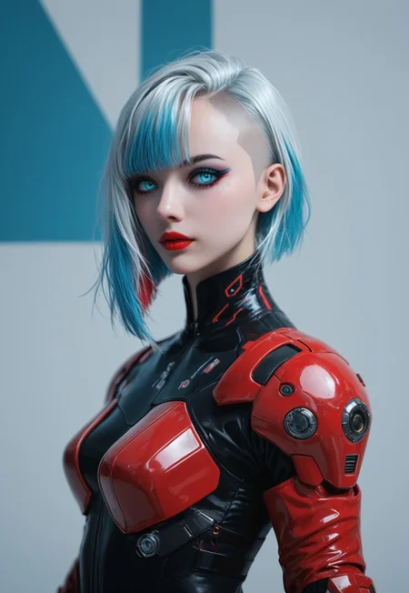 masterpiece, best quality, highly detailed, score_9, score_8_up, score_7_up, Expressiveh,
silhouette art, animeanime image of a robotic cyberpunk female warrior, long multicoloured hair (platinum with red and blue highlights or streaks), bangs, dark eyeshadow, red lips, chrome and red armour, silhouetted, chiascuro, glowing eyes, abstract dark cyberpunk background
<lora:Dynamic Poses:1>
<lora:detailed_notrigger:1>
(((full clothed))),