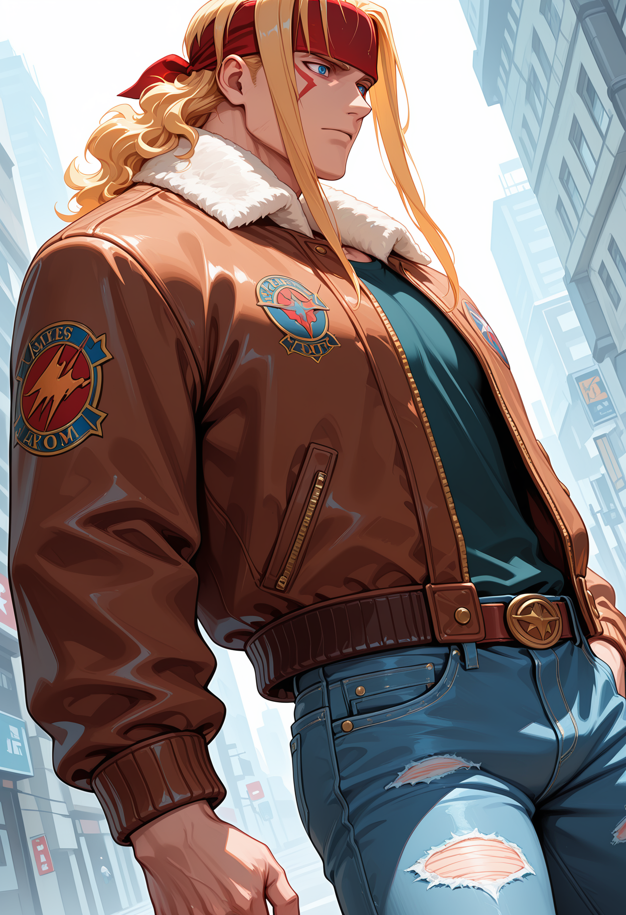 masterpiece, best quality, amazing quality, dutch angle, dynamic angle, abstract background, BREAK
1boy, solo, male, sf_alex, blonde hair, long hair, red headband, tattoos, blue eyes, bomber jacket, fur collar, jeans, upper body focus, BREAK
<lora:cfg_scale_boost:.6>,  <lora:Alex_-_Street_Fighter_-_ILXL:1>