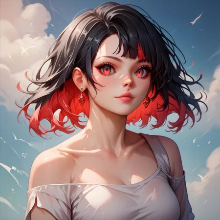 (score_9), (score_8_up), (score_7_up), (score_6_up), (score_5_up), (score_4_up), black hair, two-toned black and red hair, Multicolored hair, colored inner hair, long hair, red eyes, detailed eyes, full body, detailed eyes