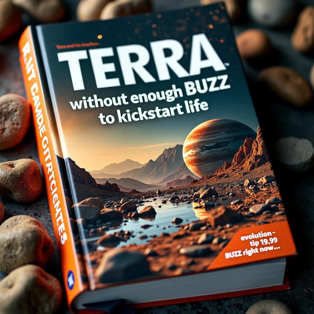 A science book cover showing Barren Watery Rocky Planet:
In bright inviting, easy to read title "Terra without enough BUZZ to kickstart life."
Subtitle on the bottom of the cover, whitde and bold. "Enable evolution - tip 19.99 BUZZ right now."