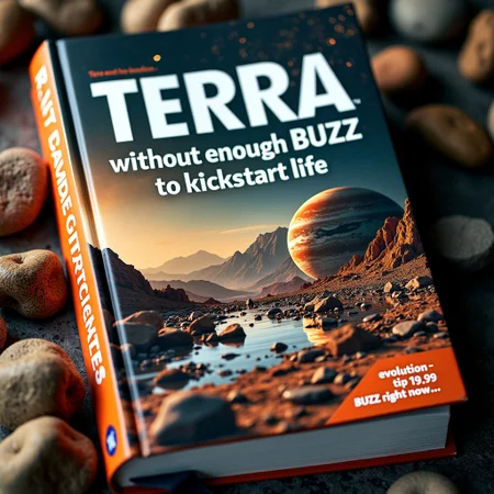 A science book cover showing Barren Watery Rocky Planet:
In bright inviting, easy to read title "Terra without enough BUZZ to kickstart life."
Subtitle on the bottom of the cover, whitde and bold. "Enable evolution - tip 19.99 BUZZ right now."