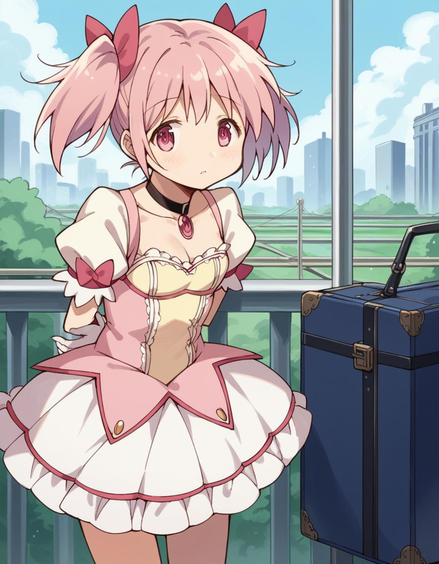 score_9, score_8_up, score_7_up, source_anime, <lora:madoka-kaname-s1-ponyxl-lora-nochekaiser:1>, madoka kaname, short hair, ribbon, twintails, hair ribbon, pink hair, pink eyes, short twintails,, skirt, gloves, dress, bow, choker, puffy sleeves, white gloves, magical girl, bubble skirt,, train station, waiting for train, suitcase, traveling, commute, city skyline, hands behind back, , leaning forward,, looking at viewer, solo,, dutch angle, cowboy shot