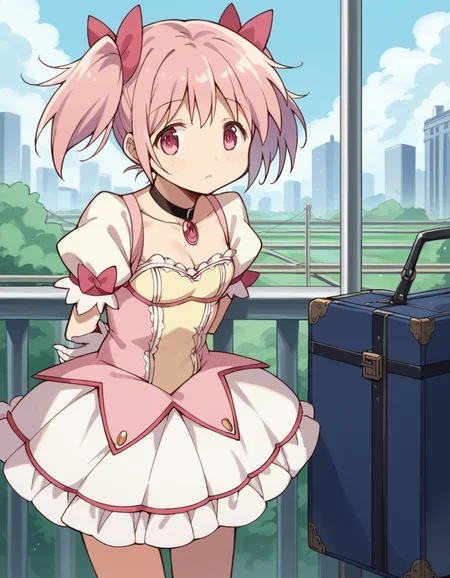 score_9, score_8_up, score_7_up, source_anime, <lora:madoka-kaname-s1-ponyxl-lora-nochekaiser:1>, madoka kaname, short hair, ribbon, twintails, hair ribbon, pink hair, pink eyes, short twintails,, skirt, gloves, dress, bow, choker, puffy sleeves, white gloves, magical girl, bubble skirt,, train station, waiting for train, suitcase, traveling, commute, city skyline, hands behind back, , leaning forward,, looking at viewer, solo,, dutch angle, cowboy shot
