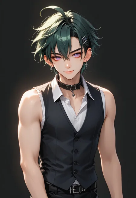 Score_9, Score_8, Score_7,masterpiece quality, full body, dynamic angle, perfect eyes, perfect face, perfect ears, perfect anatomy, perfect hands, intricate details,1boy, antherima, solo, 20 years old, dark green hair, hair between eyes, asymmetrical hair parting on left, hair clip on left side, ahoge, medium length bangs, anime reference, slit pupils, purple Eyes, light_red_eyeshadow, ((1_earstud_left_side)), BREAK, waving, smiling, black_collar_vest, open collar, exposed collar bone, sleeveless, exposed arms, black shorts, bare shoulders,BREAK,
((black_background))