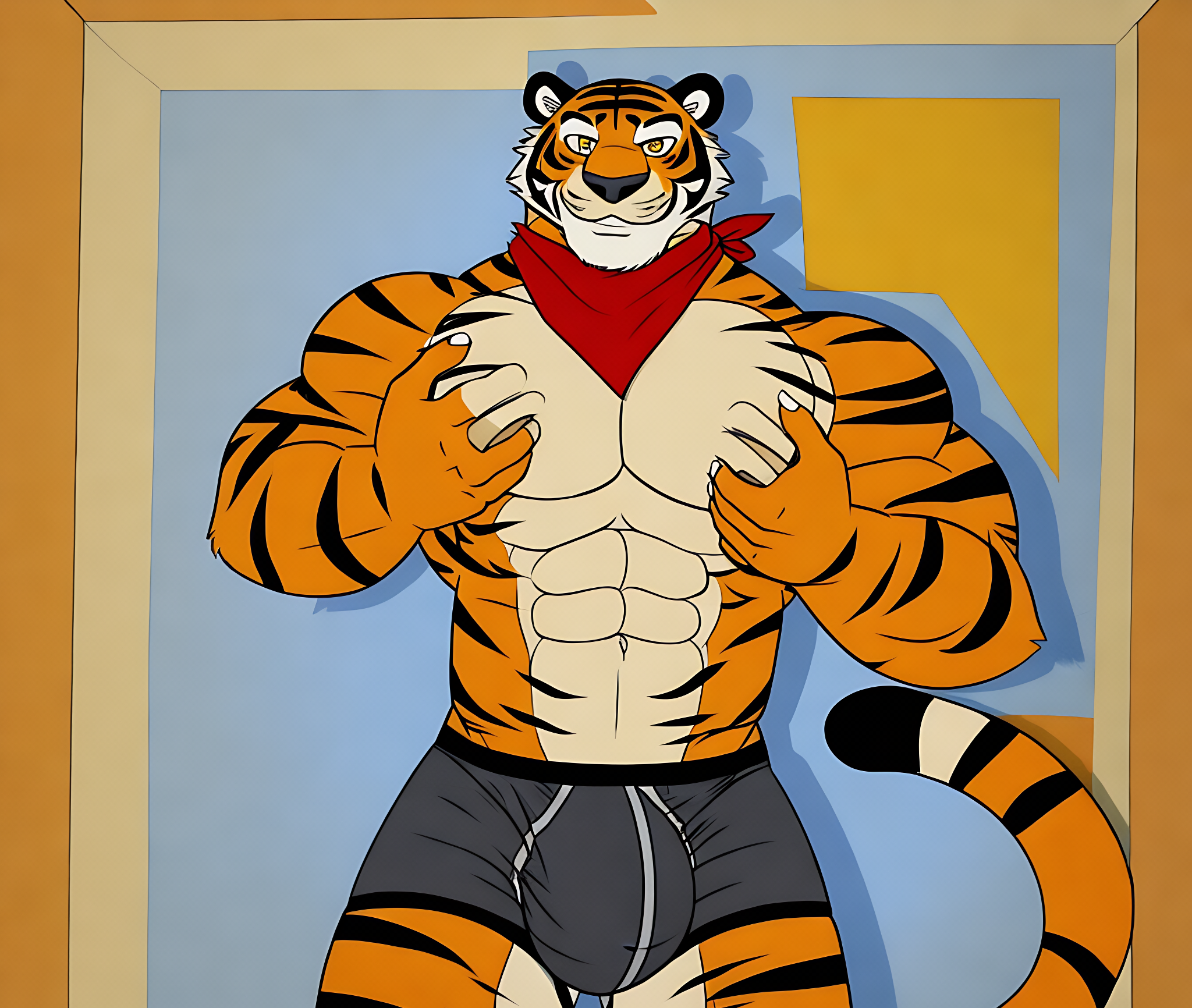 cartoon style, cartoon, anthropomorphic, male, tiger, black pupils, yellow eyes, blue tiger nose, muscular, bara, sexy pose, long lion tail, boxers, bulge in boxers, large penis, grinning