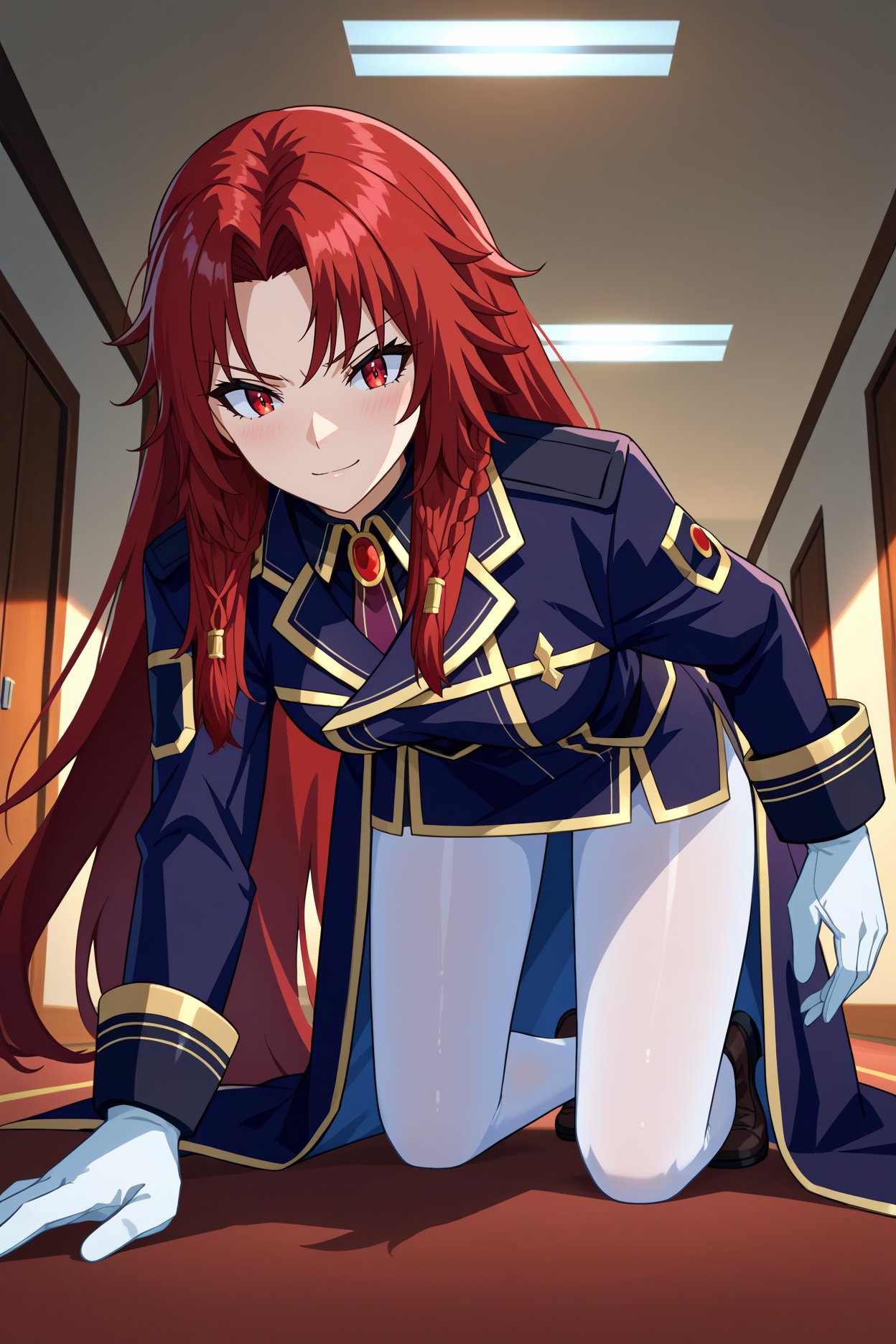 score_9, score_8_up, score_7_up, score_6_up, source_anime, 1girl, solo, <lora:irismidgar-pdxl-nvwls-v1-000004:1> irsmdgr, red hair, long hair, braid, red eyes, black coat, black uniform, gold trim, black skirt, white pantyhose, white gloves, all fours, looking at you, blush, smirk, from below, indoors, hallway