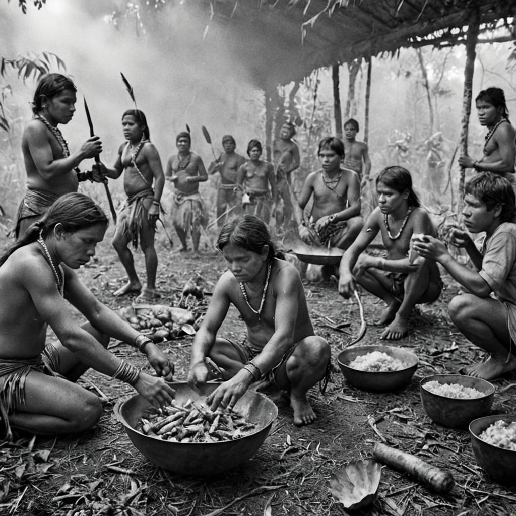 a (black and white:1.5) photo of a group of indigenous people from the Amazon in a clearing preparing food, dramatic lights, blurred background, extreme details, intricate details, 8k, 35mm photo, photorealism, realistic photo, national geographic style, masterpiece