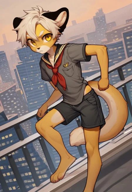 solo, furry, anthro, mikus, 1boy, solo, paws, boy, petite boy, slim boy, small boy, (white hair, dark yellow eyes, yellow fur, dotted eyebrows, small eyebrows, white eyebrows, white fur, yellow paws, (tail tip black:1.3), black ears), Soviet schoolgirl uniform, frilled apron, red neckerchief, score_8_up, score_7_up, score_6_up, score_5_up, score_4_up, outdoors, cityscape, dutch angle, random pose, spontaneous pose, random view, view from different angles, shorts, chibi
