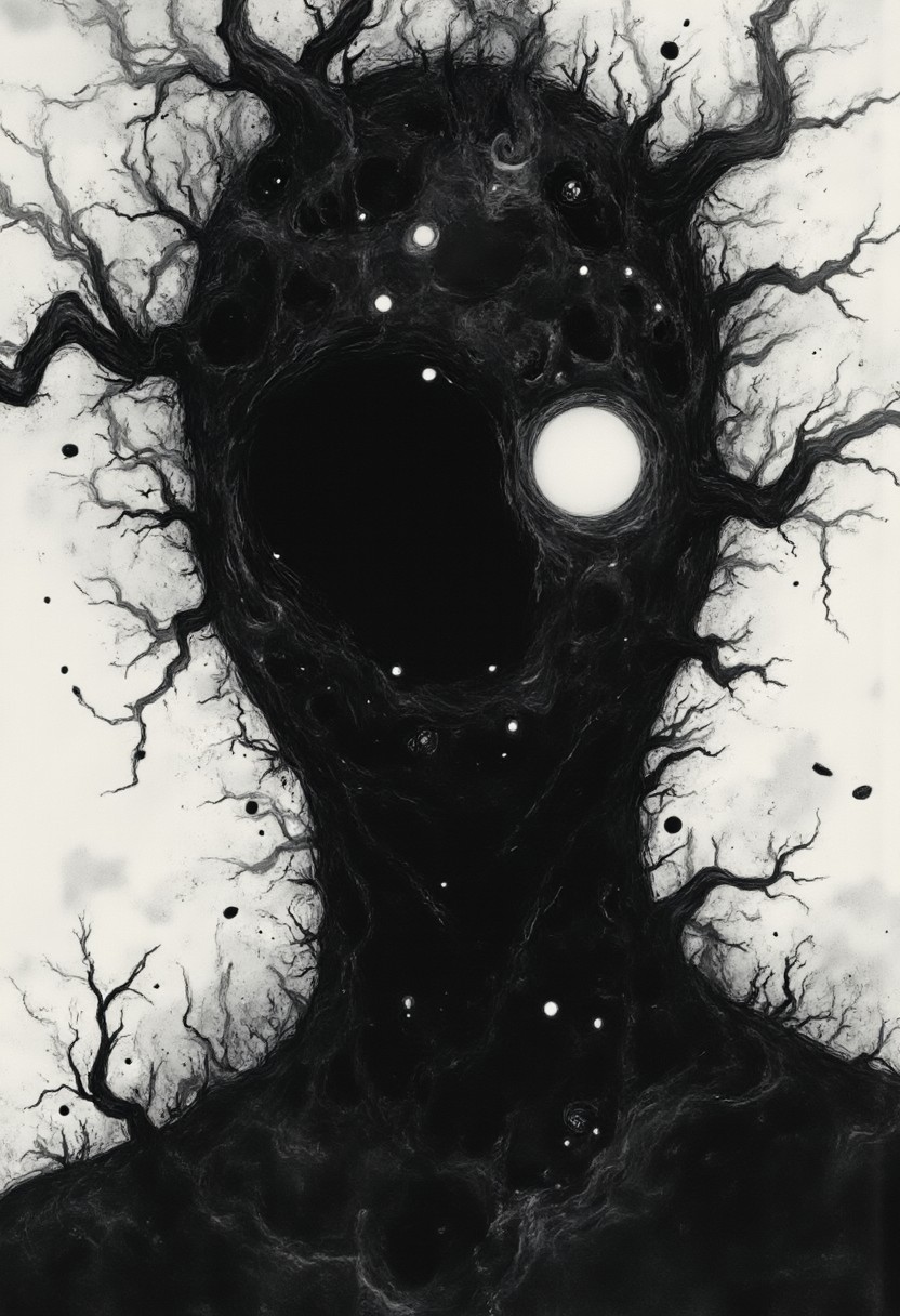 act1vate, fisheye, dynamic pose, a towering DARK Shadow Cloud Figure in Action pose, eerie, shaded Face, gritty Monochrome Studio Ghibli Dark Fairytale, ethdysty