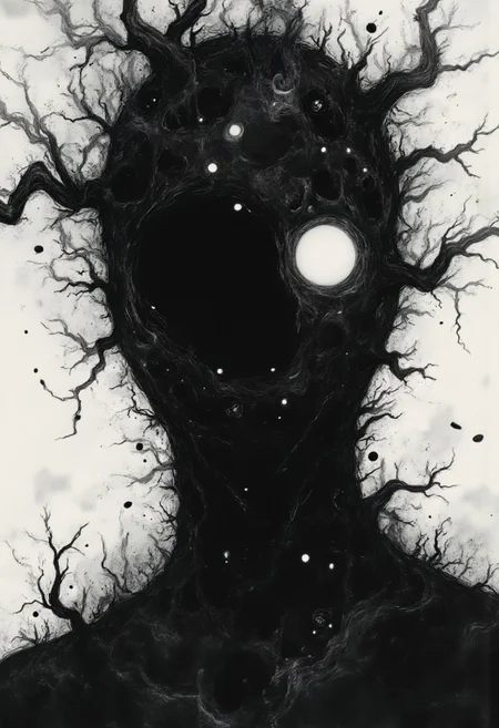 act1vate, fisheye, dynamic pose, a towering DARK Shadow Cloud Figure in Action pose, eerie, shaded Face, gritty Monochrome Studio Ghibli Dark Fairytale, ethdysty