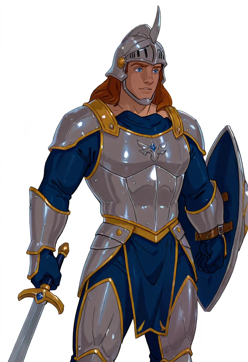 1man, solo, character desing sheet, heavy shining armor, golden detailing, massive armor, helmet, silver sword, big shield, muscular, strong, white background, <lora:Prince_Adam_BTB_IL_V.2:0.7>, Prince_Adam_BTB, 1man, auburn hair, blue eyes, <lora:illustriousXL_stabilizer_v1.23:0.5>, <lora:spo_sdxl_10ep_4k-data_lora_webui:0.5>, masterpiece, best best quality, high quality