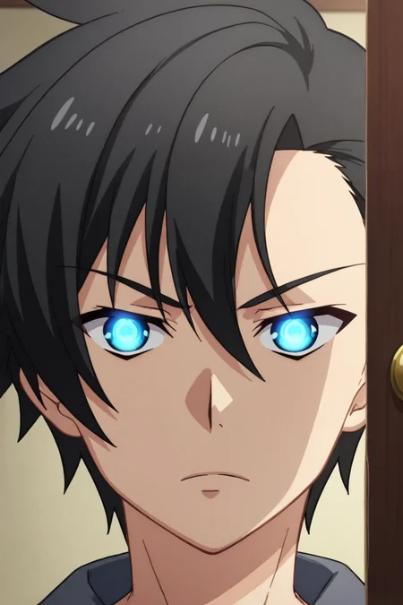 score_9, score_8_up, score_7_up,source_anime,BREAK, rating_safe, intricate details , , , anime screencap, anime coloring, official style, depth of field,1boy, solo, male focus , , , <lora:kelvin:0.77>, kelvin celsius,black hair,blue eyes,side swept,short hair,serious,closed mouth,glowing eyes,door,indoors,close up , , ,<lora:sdxl_lightning_8step_lora_315544:1>