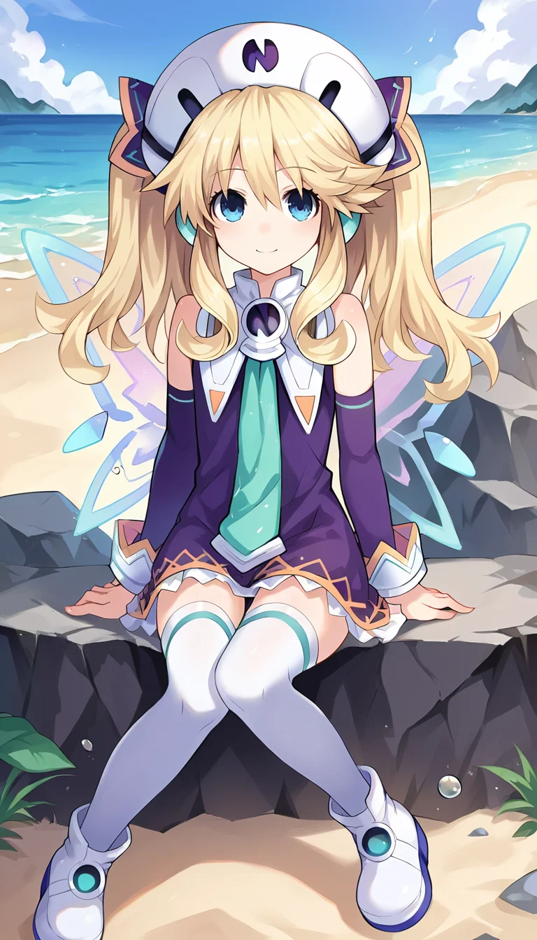 score_9, score_8_up, score_7_up, score_6_up, score_5_up, source_anime, 1girl, solo, blonde hair, blue eyes, long hair, twintails, smile, closed mouth, short dress, hat, necktie, thighhighs, white legwear, fairy wings, footwear, boots, detached sleeves, sitting, outdoors, sunny, sky, beach, looking at viewer, cowboy, <lora:Histoire_Neptunia_PonyXL:0.8>, Histoire \(neptunia)\,