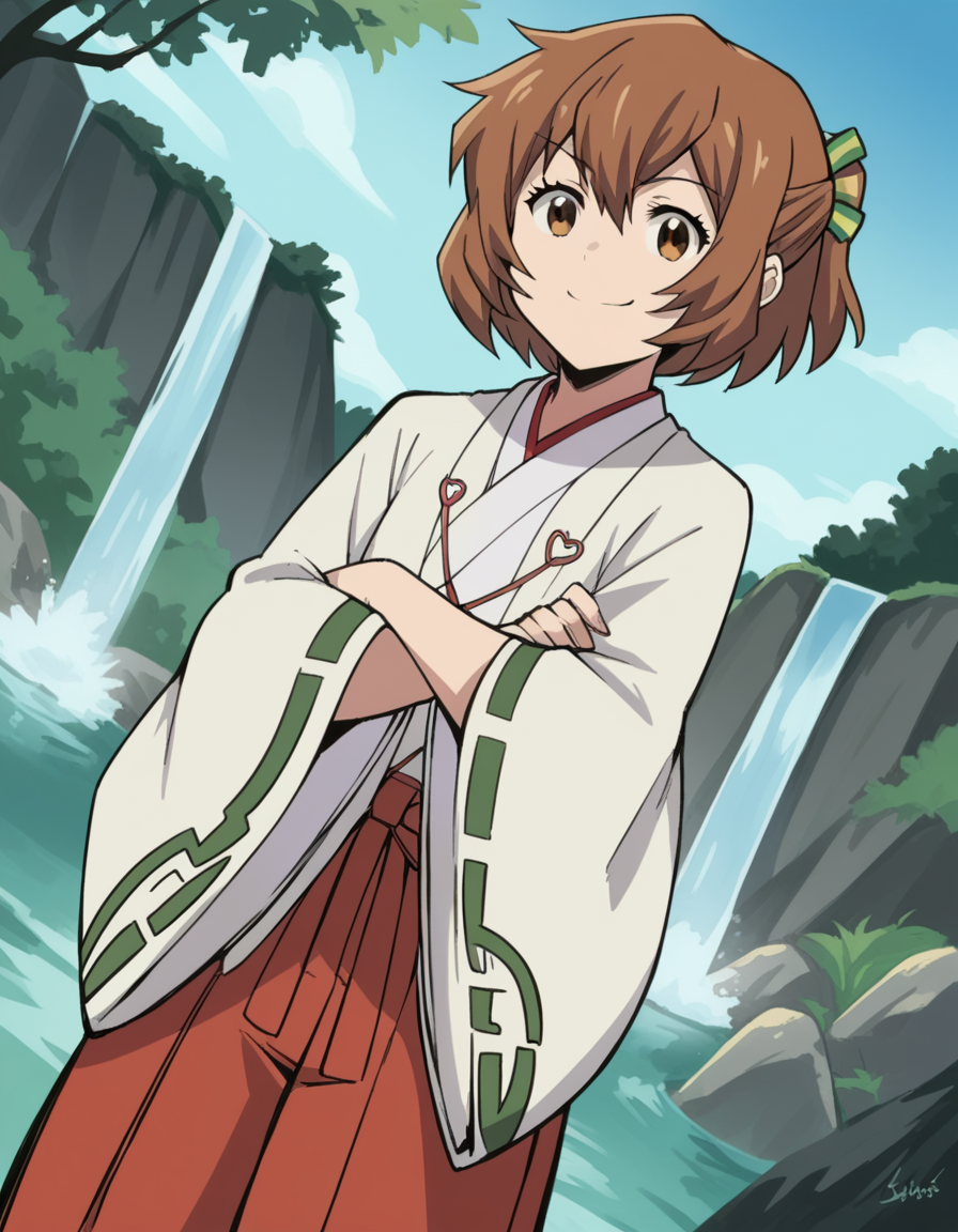 score_9, score_8_up, score_7_up, source_anime, <lora:loghorizon-minori-s2s3-ponyxl-lora-nochekaiser:1>, minori, short hair, brown hair, brown eyes, half updo, ponytail, short ponytail, hair ribbon,, japanese clothes, wide sleeves, miko, hakama, red hakama,, water, lake, river, waterfall, natural, smile, crossed arms, smug, looking at viewer, solo,, dutch angle, cowboy shot