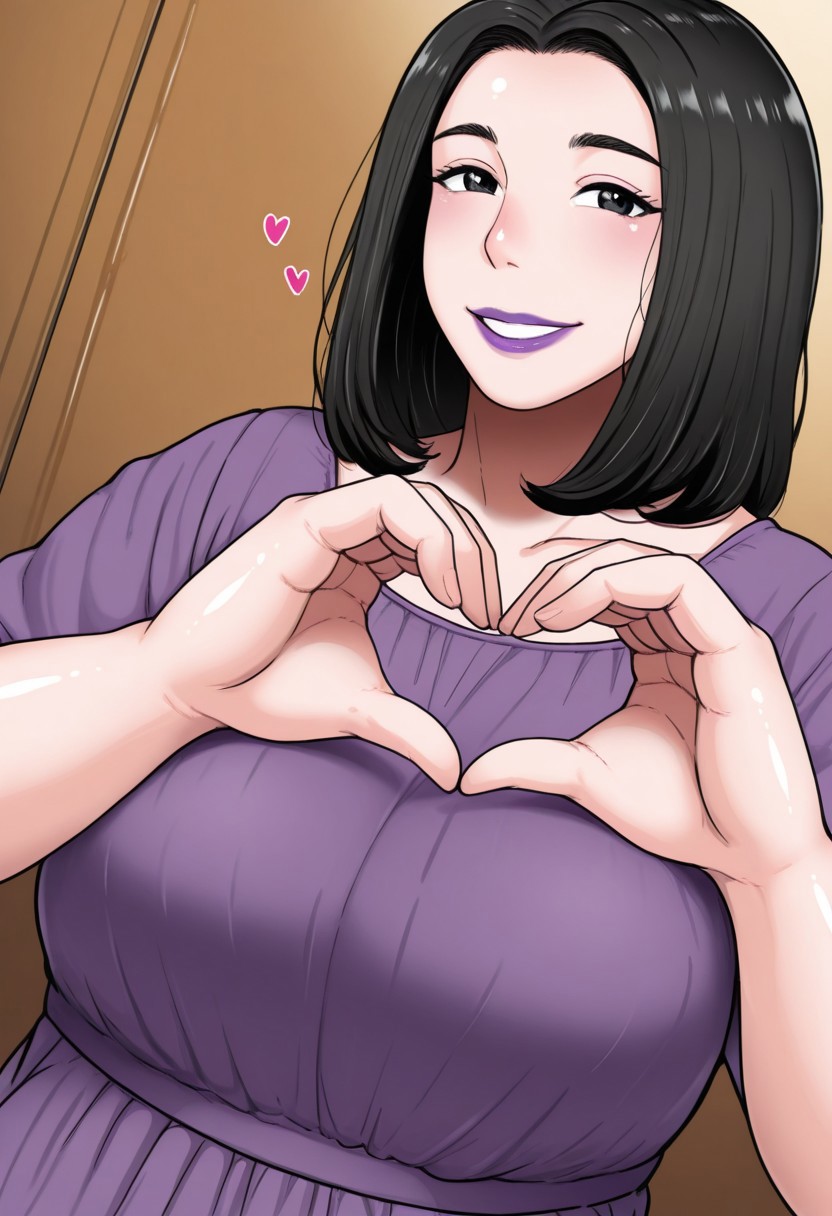 siman, , 1girl, solo, medium build, medium hair, sfw, safe for work, covered skin, flowy dress,  black eyes, purple lipgloss, smiling, portrait, upper body, heart hands, mature female, foreshortening, detailed, newest, shiny skin, cowboy angle, solo focus, medium breasts,