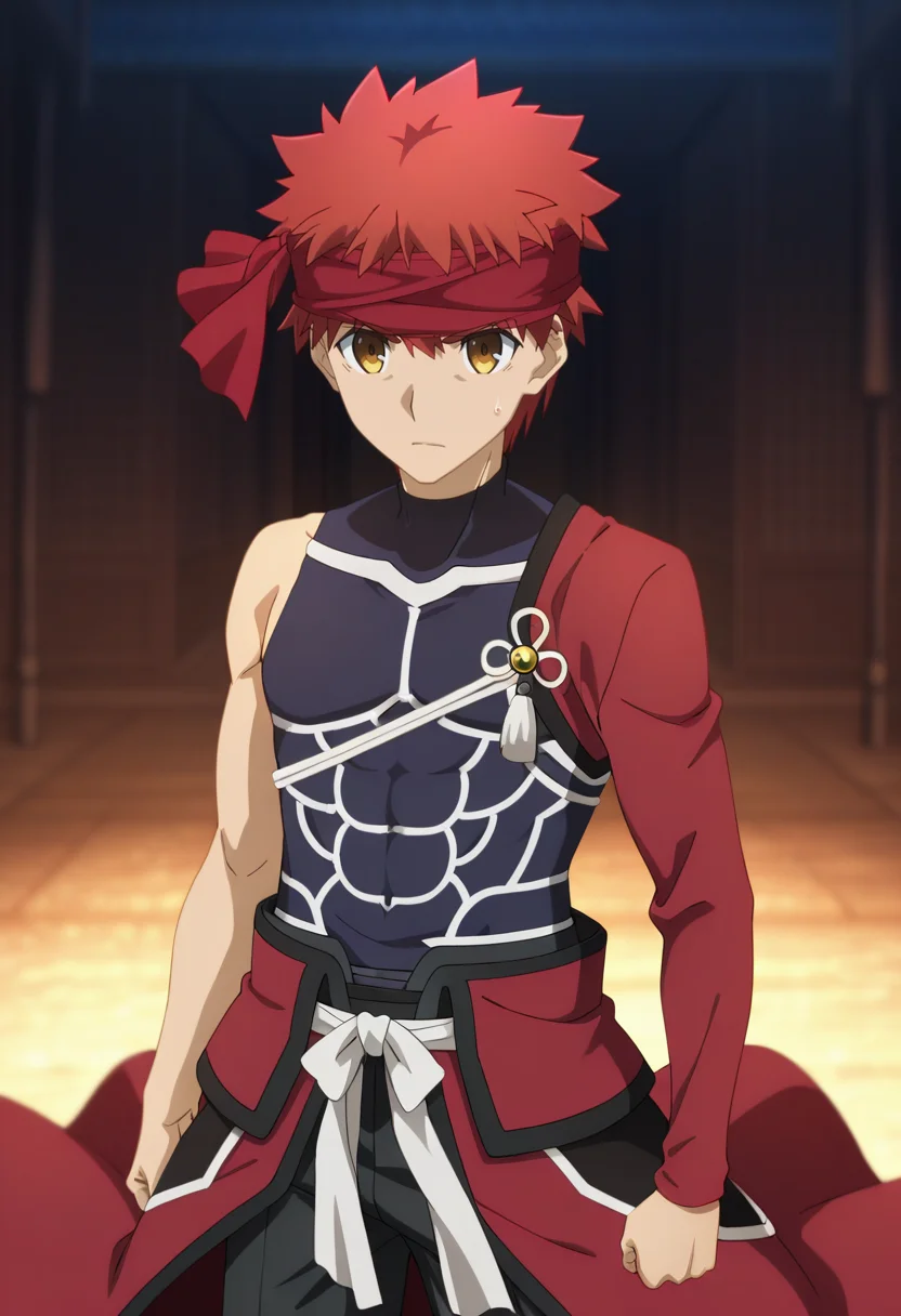 masterpiece, best quality, amazing quality,high resolution, intricate details,official style,depth of field,anime screencap, , , 1boy, solo, male focus, <lora:Shirou_Emiya:0.90>,shirou emiya,red hair,yellow eyes,short hair, headband, vest, single sleeve, red sleeves, single knot, sash, waist cape, black pants