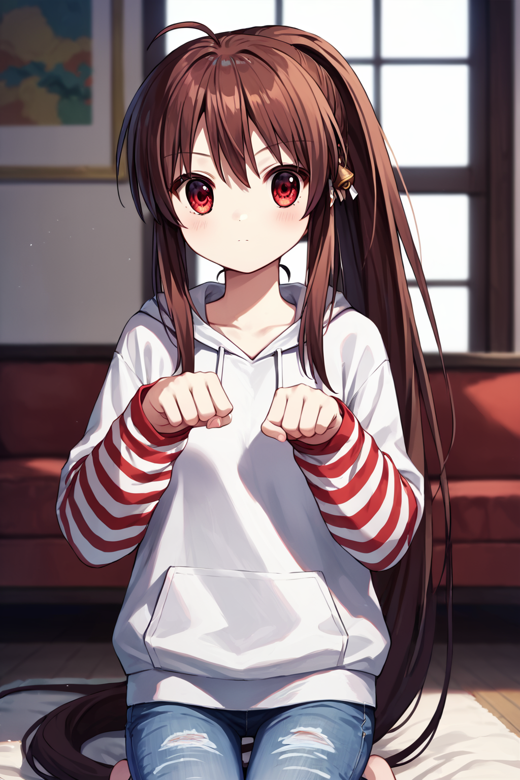 score_9, score_8_up, score_7_up, score_6_up, rating_safe, source_anime, best quality, masterpiece, detailed background, detailed eyes, cowboy shot, untucked shirt, living room, kneeling, paw pose, <lora:natsume-rin-xl-05:1>, natsume rin, bell_hair_ornament, long ponytail, small breasts, ahoge, red eyes, white hoodie, pink-red striped sleeves, denim capri pants,