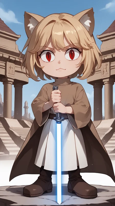 <lora:LightSaberP1:0.8> zzLightSaber, <lora:Both hand planted sword (pony) v1:1> (both-hand-hilt:1.15), planted sword, hands on hilt, holding sword, <lora:necoarc-guy-PONYv1_1:0.8> necoarc, blonde hair, red eyes, slit pupils, cat ears, (:3:1.15), (chibi:1.15), turtleneck, white shirt, brown footwear, jedi, long brown robe, greek temple, temple, sunbeam, score 9, score 8 up, score 7 up, score 6 up, score 5 up, score 4 up, BREAK,