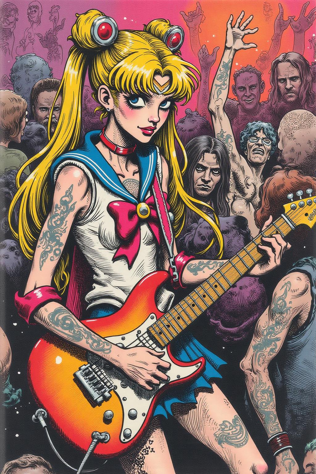 gusdore1illustration of of punk sailor moon playing a guitar at a heavy metal mosh pit, tattoos, piercing, <lora:gusdore1_flor2_d4a2:1.0><lora:799560049933437760:0>