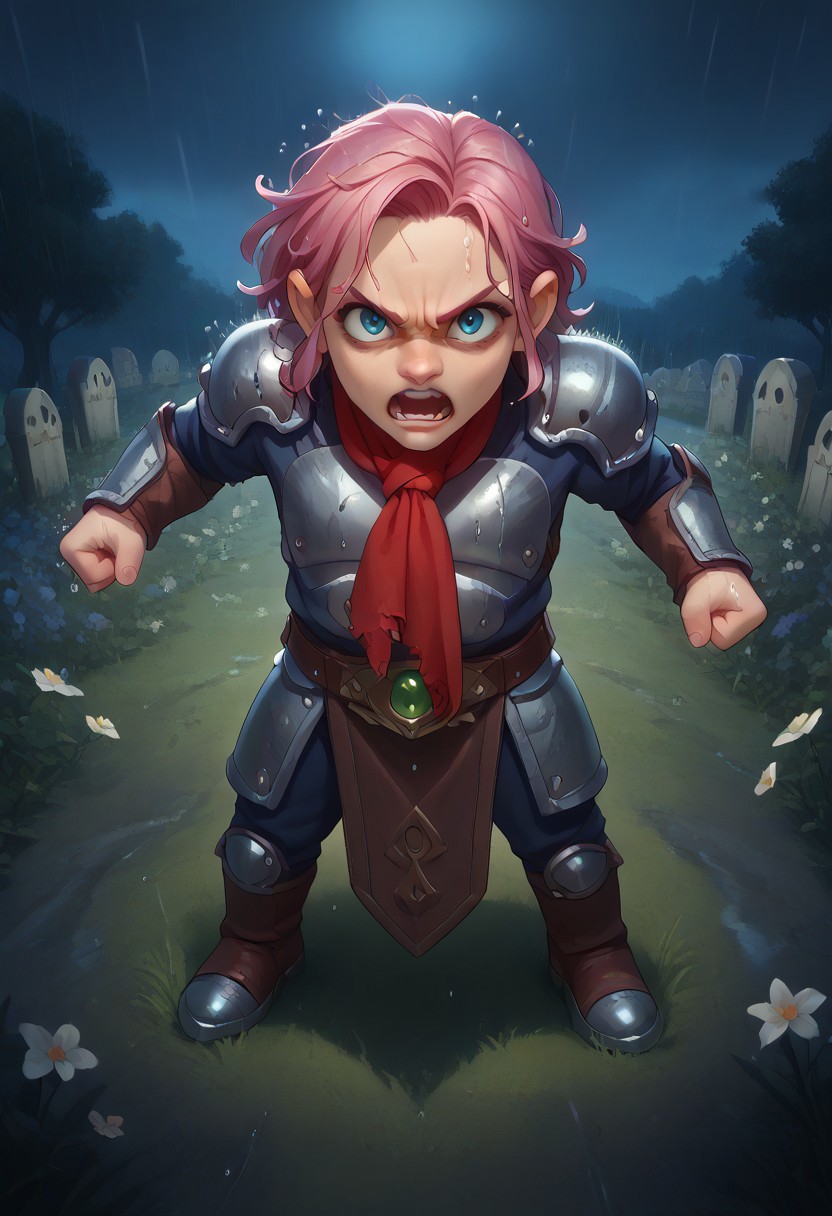 score_9, score_8_up, score_7_up, score_6_up, score_5_up, score_4_up, 1girl, Gnome, short stature, big eyes and ears, pink hair, fauxhawk, blue eyes, dark skin, outdoors, night, dark, cloudy, night sky, ((rain)), wet, wet clothes, wet hair, cloudy, detailed, beautiful, cute eyes, open mouth, warrior armor, shield, fantasy armor, green jewel on breastplate, red scarf flapping in wind, large brown backpack, 4fingers, fist, glade, flowers, trees, standing on grass, angry, determined, fight, from above, high angle, heroic, graveyard, skeletons,
