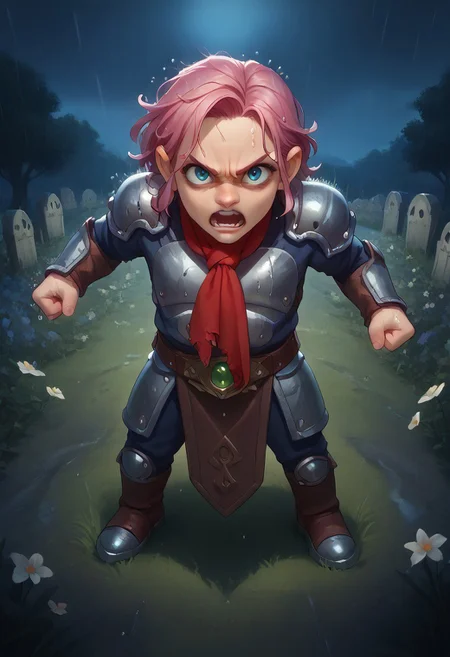 score_9, score_8_up, score_7_up, score_6_up, score_5_up, score_4_up, 1girl, Gnome, short stature, big eyes and ears, pink hair, fauxhawk, blue eyes, dark skin, outdoors, night, dark, cloudy, night sky, ((rain)), wet, wet clothes, wet hair, cloudy, detailed, beautiful, cute eyes, open mouth, warrior armor, shield, fantasy armor, green jewel on breastplate, red scarf flapping in wind, large brown backpack, 4fingers, fist, glade, flowers, trees, standing on grass, angry, determined, fight, from above, high angle, heroic, graveyard, skeletons,