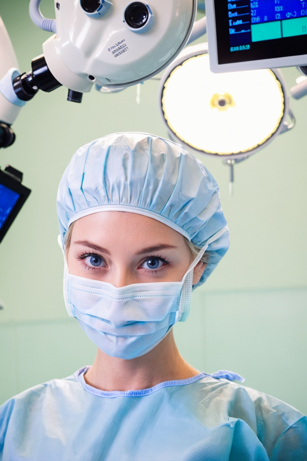 (RAW photo, best quality), 1girl, long sleeve surgical outfit, surgical mask,  surgical gloves, surgical cap,  operating room, overhead surgical light, dslr, blurred background, focused
<lora:concept_surgeon_xl_v1:1>, Caucasian, blue eyes, blonde hair, happy,