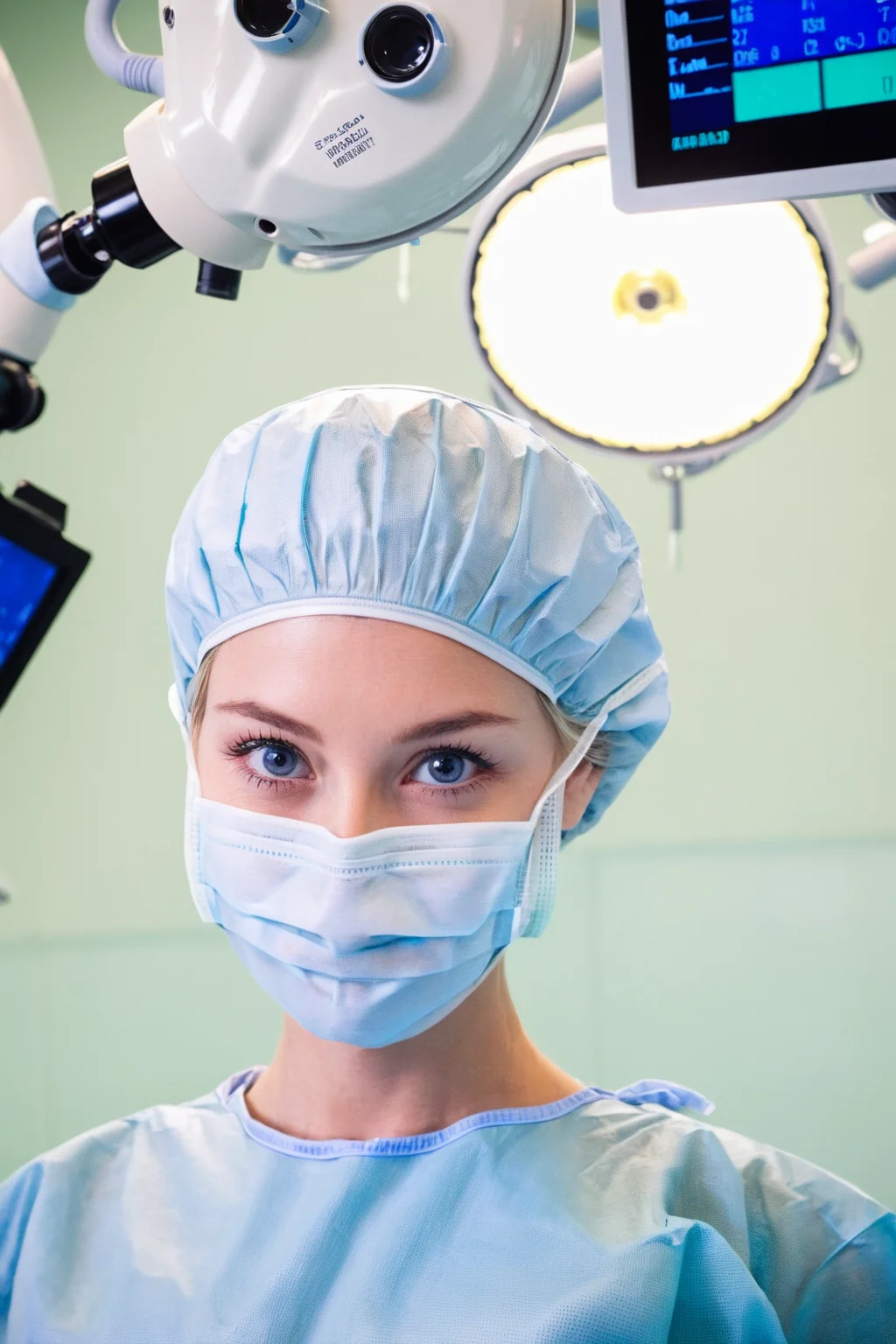 (RAW photo, best quality), 1girl, long sleeve surgical outfit, surgical mask, surgical gloves, surgical cap, operating room, overhead surgical light, dslr, blurred background, focused
<lora:concept_surgeon_xl_v1:1>, Caucasian, blue eyes, blonde hair, happy,