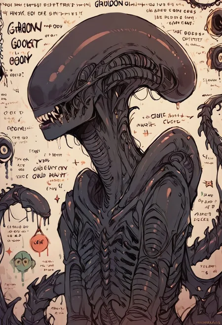 score_9, score_8_up, score_7_up, score_6_up, sk3tchb00k, (xenomorph:1.2), english text, horror,
