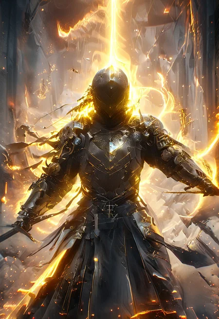 1man, Cyborg Samuraii in golden samurai armor, wearing samurai helmet and armor,  golden fire, wielding dual swords:1.2, brave perspective, reflection, glowing golden fire, golden lightning shatter, , glowing sword, motion blur, emphasis line, outdoor in the darkness, looking at viewer, katanas