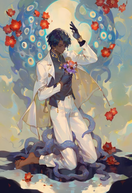 score_9, score_8_up, score_7_up, score_6_up <lora:reiXL_AutC_lokr_V43P1:0.95> 1boy, male focus, arjuna \(fate\), black hair, dark skin, gloves, dark-skinned male, solo, kneeling, flower, white pants, short hair, red flower, pants, holding, full body, closed eyes, long sleeves, barefoot, shirt, black gloves, white jacket, tentacles, abstract background, bishounen, abstract, jewelry, jacket, surreal