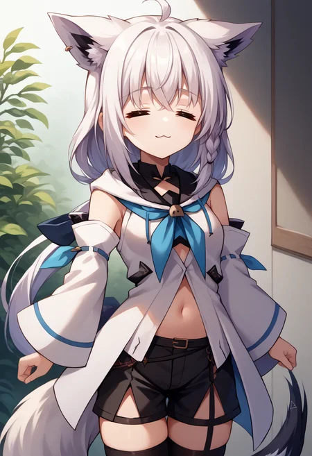 score_9, score_8_up, source_anime, 1girl, solo, =w=, :3, = =, eyes closed, fubukibase, white blouse, detached sleeves, black shorts, blue neckerchief, thigh strap, single thighhigh, white hair, single side braid, ahoge, piercing, fox tail, pentagram, <lora:ChamElfExpressionPonyXL:1>, <lora:fubukiXL:0.8>