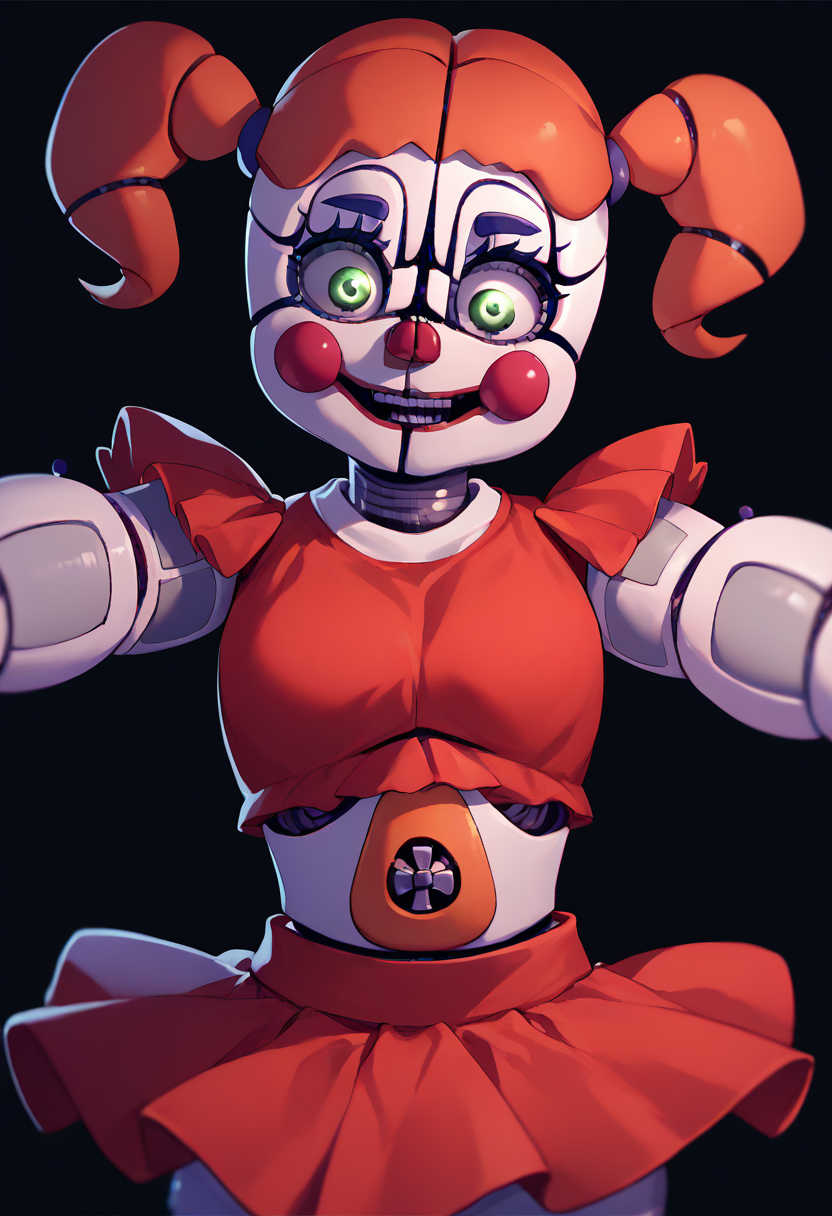 score_9, score_8_up, score_7_up, score_6_up, source_anime, source_furry, 1girl, <lora:CircusBabyXL:1> circus baby, robot, android, twintails, green eyes, red shirt, crop top, red skirt, joints, <lora:Incoming_Hug_Pony:0.8> incoming hug, glowing eyes, ((black background))