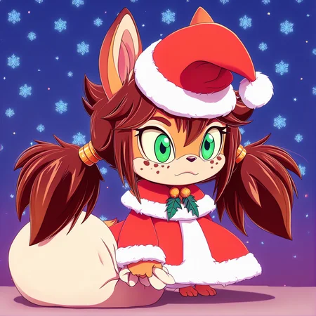padoru <lora:padoru-IL-1.0:1>, masterpiece, perfect quality, best quality, anime coloring, Rocketgirl, 1girl, solo, animal ears, furry female, tail, brown hair, long hair, green eyes, bangs, freckles, brown fur, sidelocks, twintails, two-tone fur, christmas background <lora:Rocketgirl_v05:1>