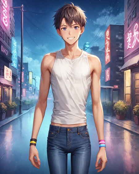 score_9, score_8_up, score_7_up, rating_questionable, intricately detailed,
<lora:MANA_Remana_Style_Pony:1>, M4n4,
1boy(human male, young man, twink, slender, one small eyebrow piercing, multiple small simple earrings, multiple narrow glowstick wristbands, short sleeveless shirt, skinny jeans with very low waistline, part of the tummy visible between the shirt and jeans, seductive pose, looking at the viewer, solo, smiling, cowboy shot, solo), standing in a narrow alleyway behind an inner city nightclub, new york, at night, dark cloudy sky, midnight, darkness, shadows, building backdoor, dimly lit, depth of field, detailed background,
<lora:ral-chrosc-clr:0.5>, ral-chrosc-clr,
<lora:Expressive_H:0.5>
<lora:xl_more_art-full_v1:0.3>,
<lora:add-detail-xl:0.3>