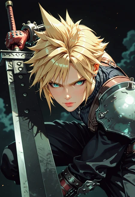 masterpiece, best quality, good quality, very aesthetic, absurdres, newest, 8K, depth of field, focused subject, in the style of cknc, artist:moriimee, in the style of cksc, BREAK side portrait of Cloud Strife (Final Fantasy VII), classic outfit, buster sword, dynamic pose, action pose, dark background, silhouetted, directional lighting, viewed from above