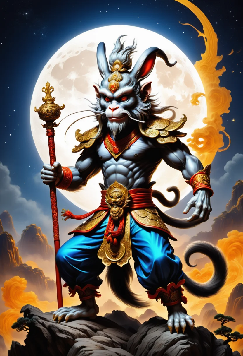 hyper detailed masterpiece, dynamic, awesome quality, moon rabbit, Mythical Monkey King from Chinese folklore, immense strength and magical powers, master of transformation and combat, mischievous and rebellious spirit, perseverance, cunning