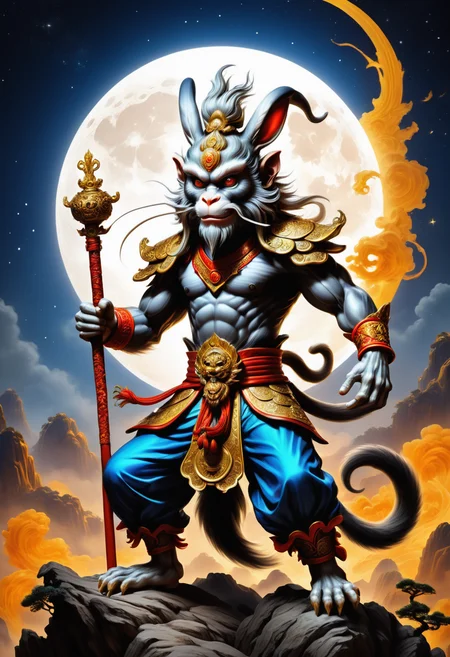 hyper detailed masterpiece, dynamic, awesome quality, moon rabbit, Mythical Monkey King from Chinese folklore, immense strength and magical powers, master of transformation and combat, mischievous and rebellious spirit, perseverance, cunning