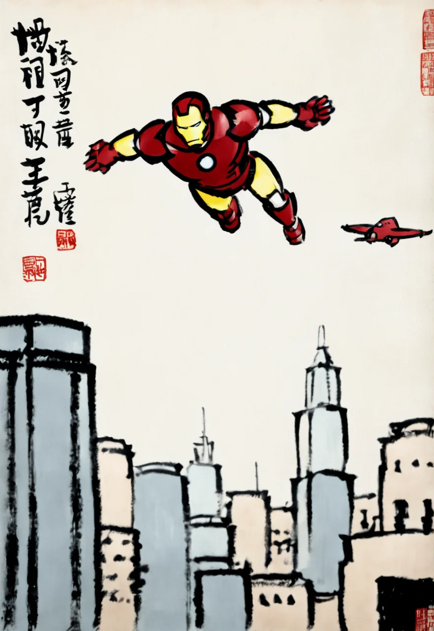 iron man flying over the city, by Feng Zikai <lora:fengzikai_v1.0_XL:1>